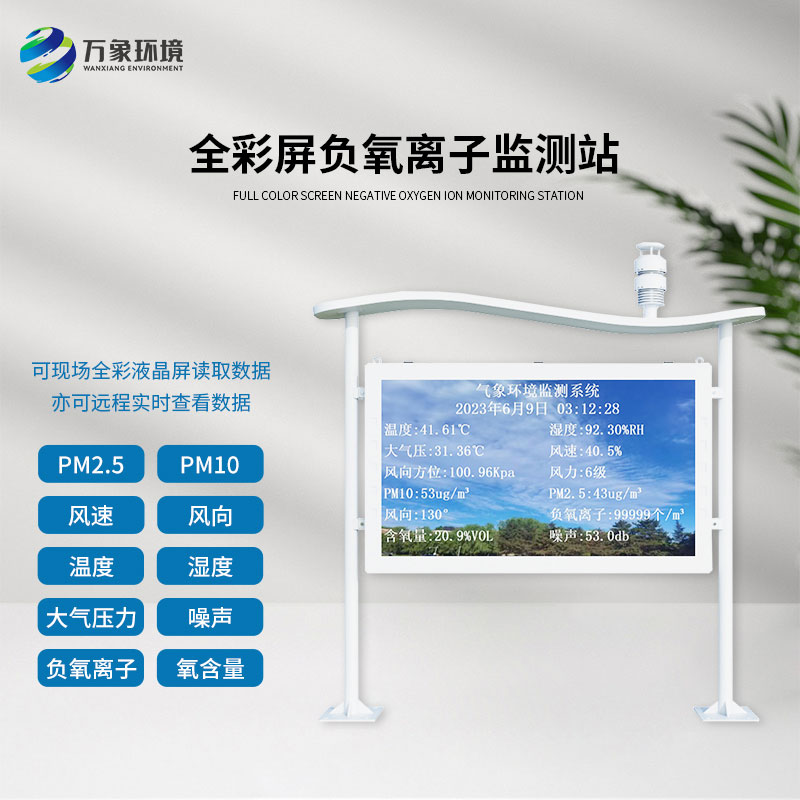 全彩屏一體化負(fù)氧離子監(jiān)測站：全彩屏顯示，直觀呈現(xiàn)監(jiān)測數(shù)據(jù)